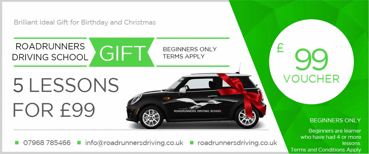 Roadrunners driving school gift voucher offer Driving lessons gift voucher 5 lessons for £99